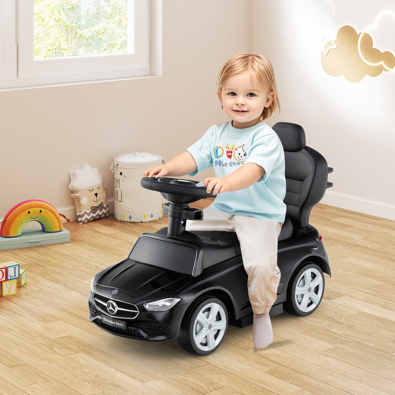 3-in-1 Ride on Push Car Mercedes-Benz Licensed Sliding Car with Canopy, Black Push & Pedal Ride On Toys at Gallery Canada