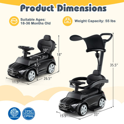 3-in-1 Ride on Push Car Mercedes-Benz Licensed Sliding Car with Canopy, Black Push & Pedal Ride On Toys at Gallery Canada