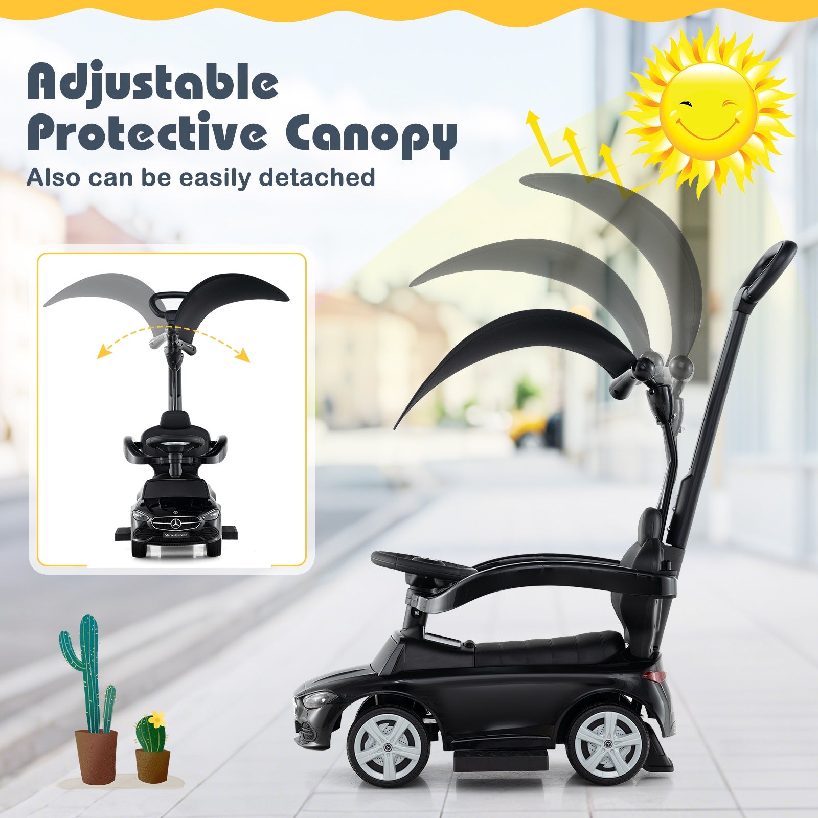 3-in-1 Ride on Push Car Mercedes-Benz Licensed Sliding Car with Canopy, Black Push & Pedal Ride On Toys at Gallery Canada