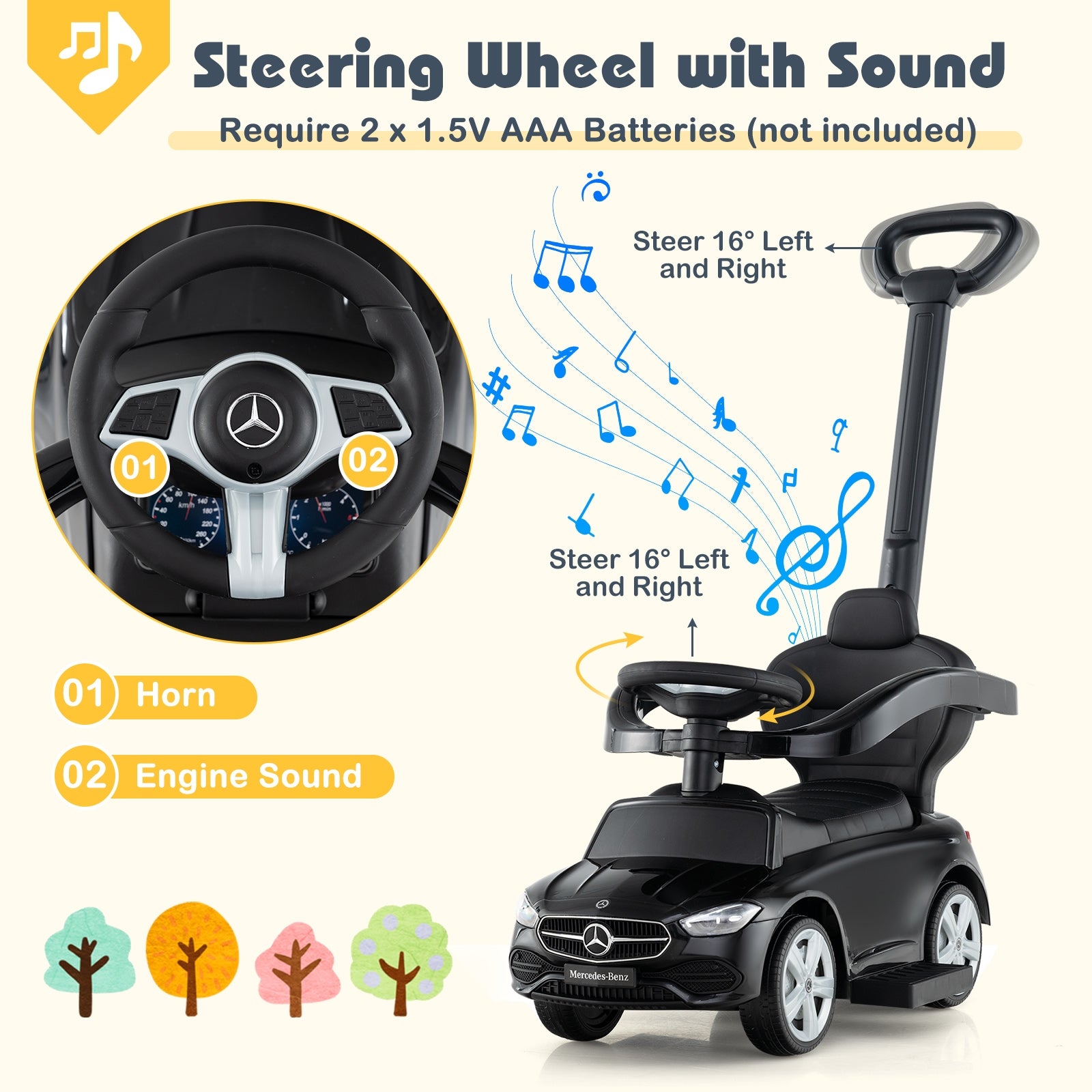 3-in-1 Ride on Push Car Mercedes-Benz Licensed Sliding Car with Canopy, Black Push & Pedal Ride On Toys at Gallery Canada