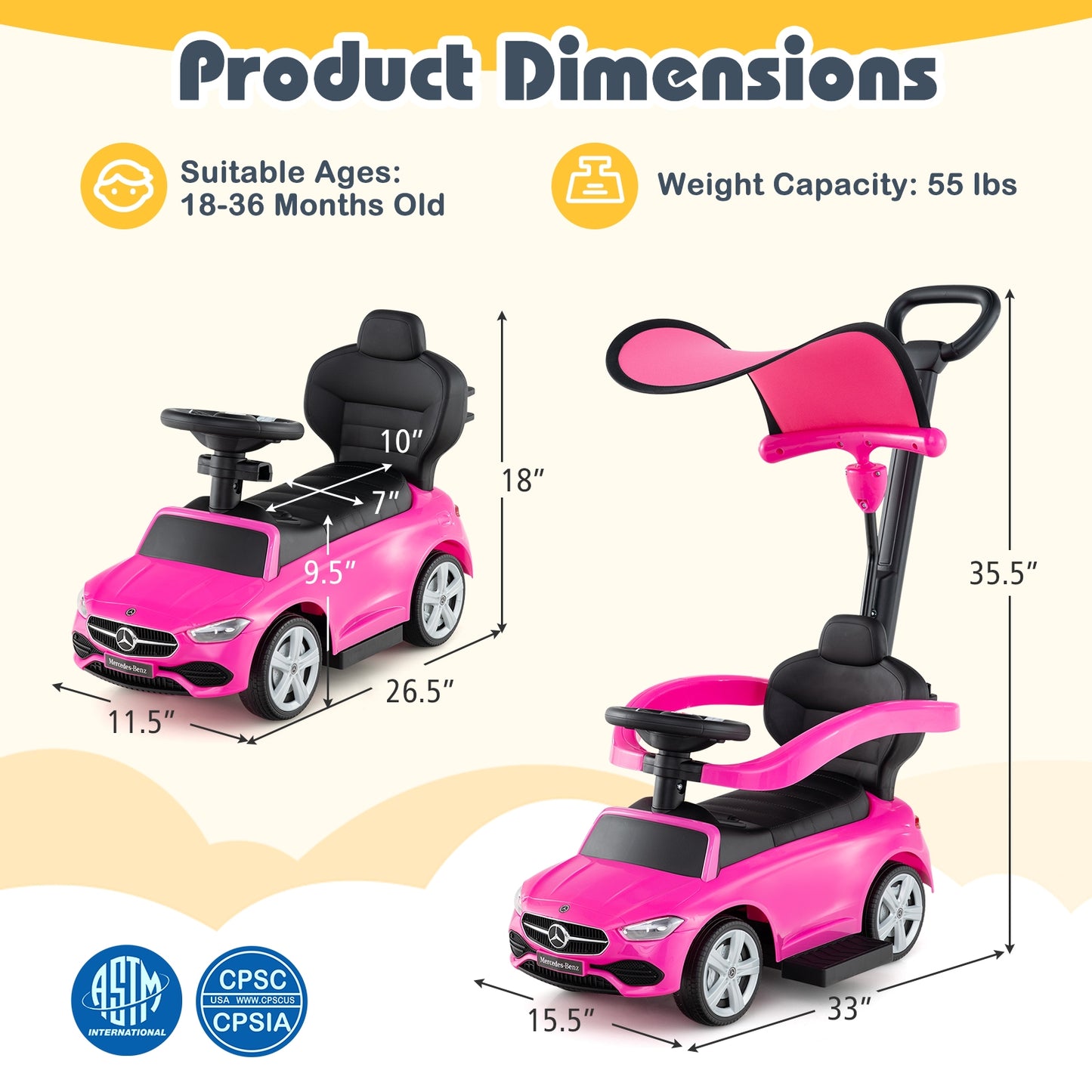 3-in-1 Ride on Push Car Mercedes-Benz Licensed Sliding Car with Canopy, Pink Push & Pedal Ride On Toys at Gallery Canada