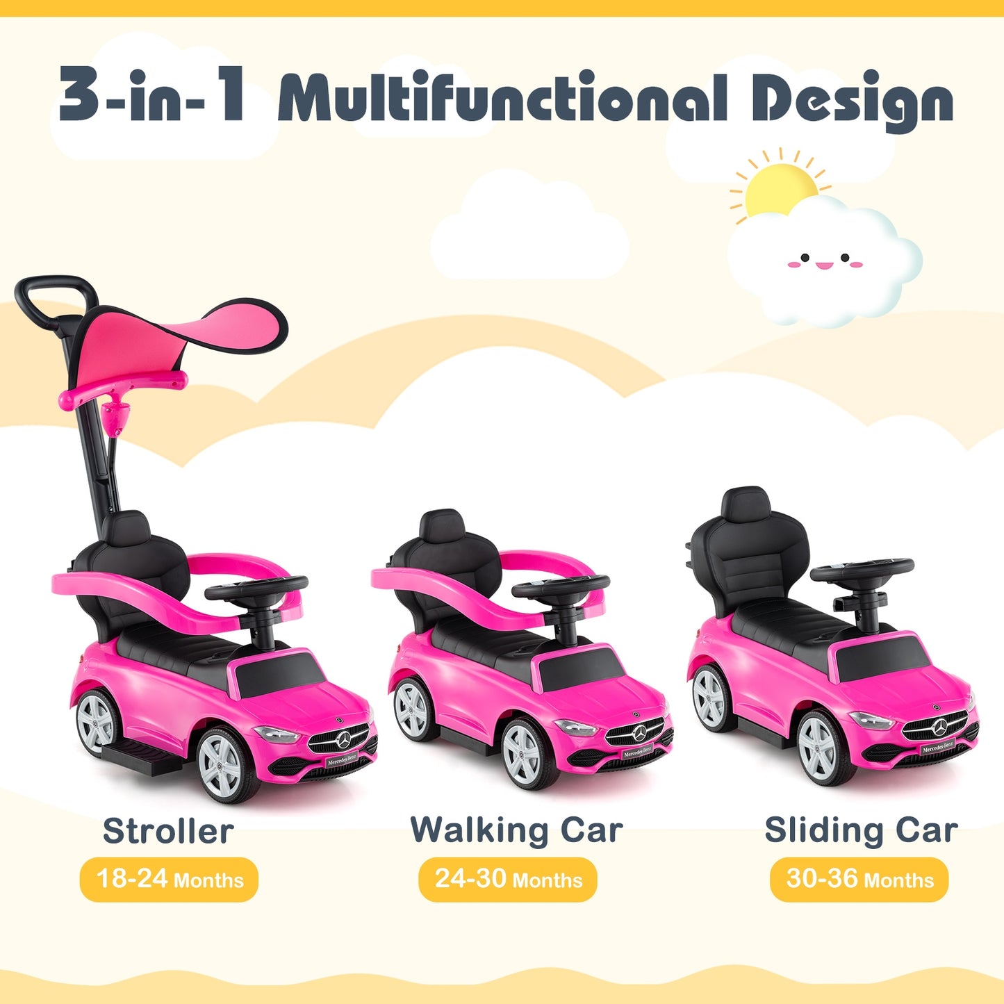 3-in-1 Ride on Push Car Mercedes-Benz Licensed Sliding Car with Canopy, Pink Push & Pedal Ride On Toys at Gallery Canada