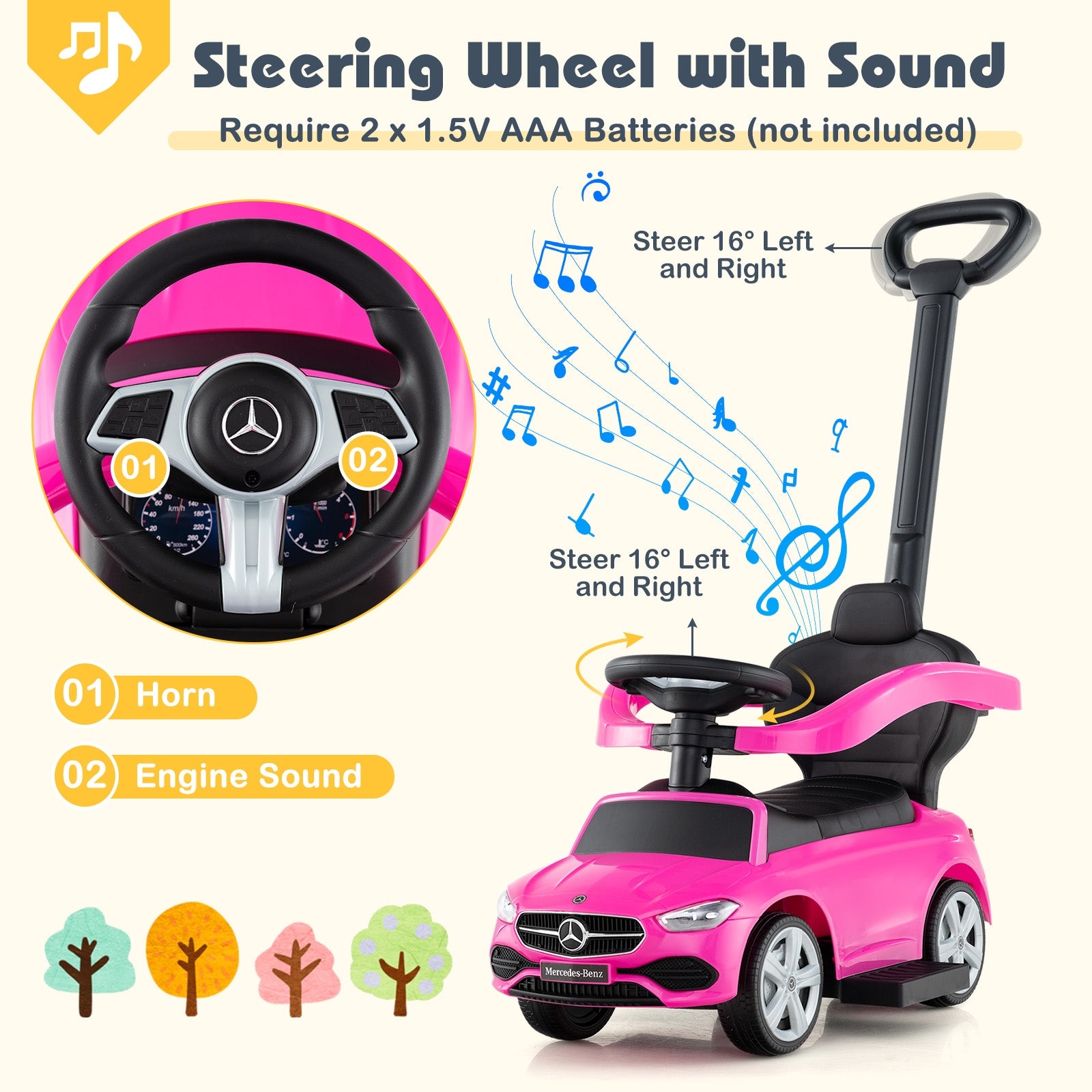 3-in-1 Ride on Push Car Mercedes-Benz Licensed Sliding Car with Canopy, Pink Push & Pedal Ride On Toys at Gallery Canada