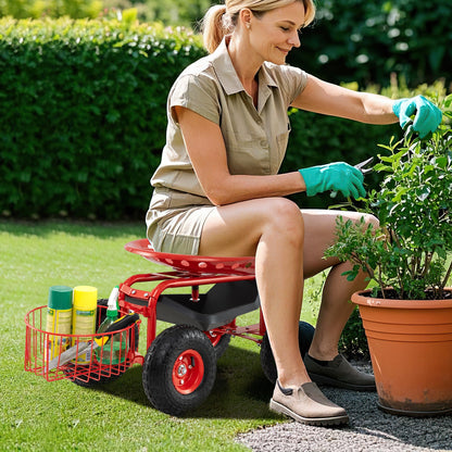 Heavy Duty Garden Cart with Tool Tray and 360 Swivel Seat, Red Garden Carts at Gallery Canada