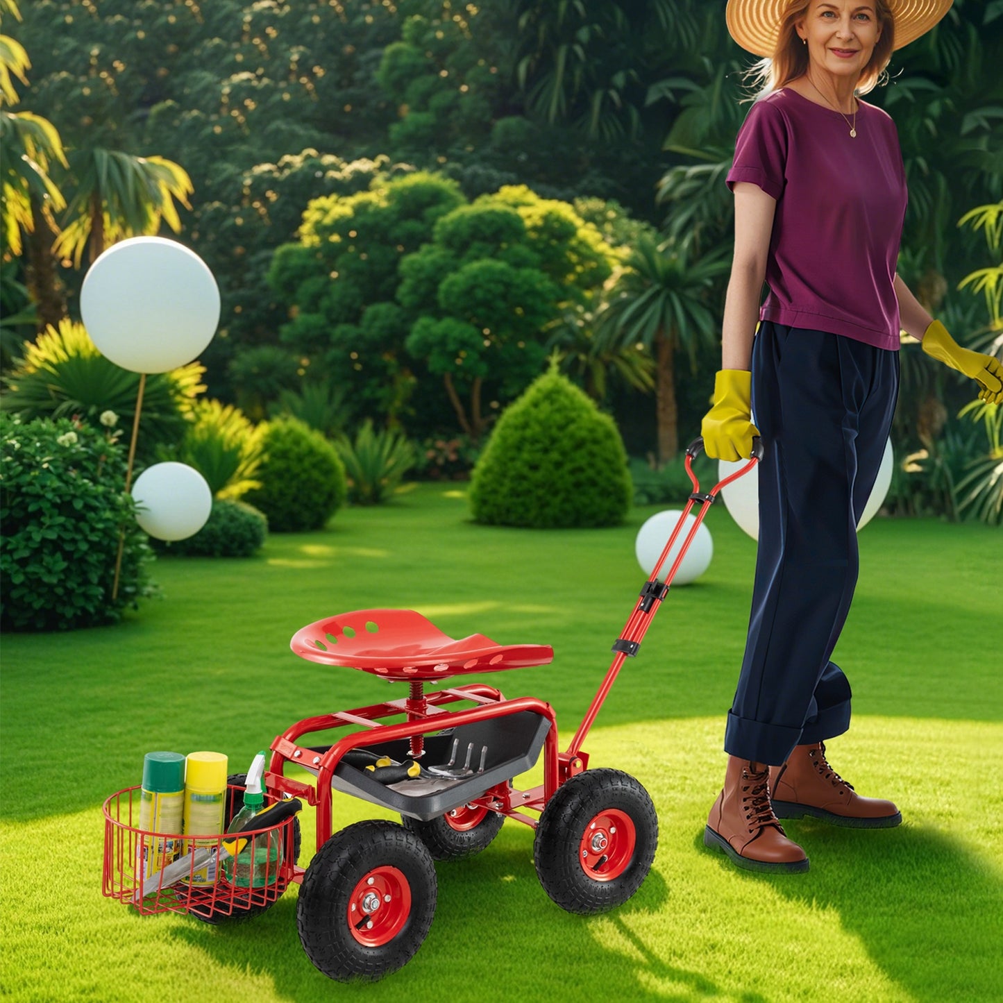 Heavy Duty Garden Cart with Tool Tray and 360 Swivel Seat, Red Garden Carts at Gallery Canada