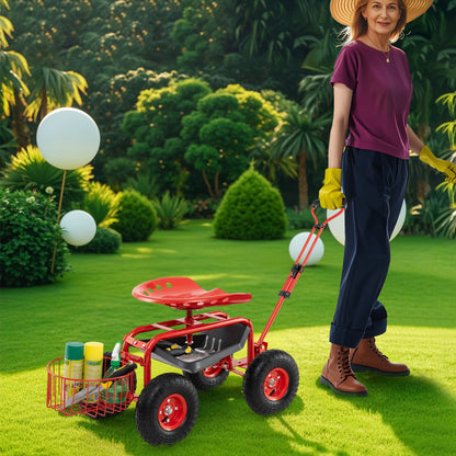 Heavy Duty Garden Cart with Tool Tray and 360 Swivel Seat, Red Garden Carts at Gallery Canada