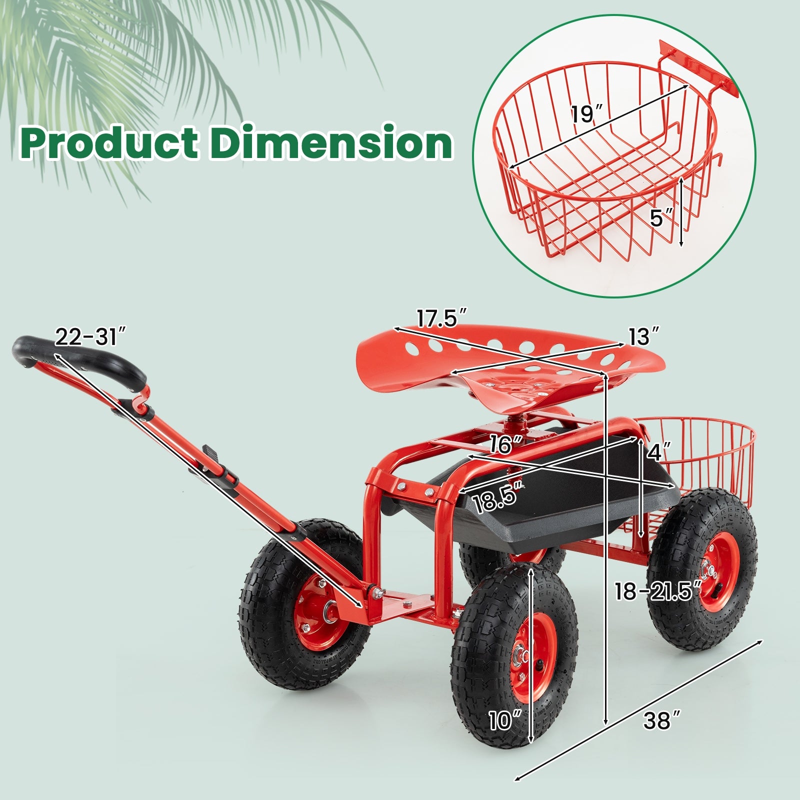 Heavy Duty Garden Cart with Tool Tray and 360 Swivel Seat, Red Garden Carts at Gallery Canada