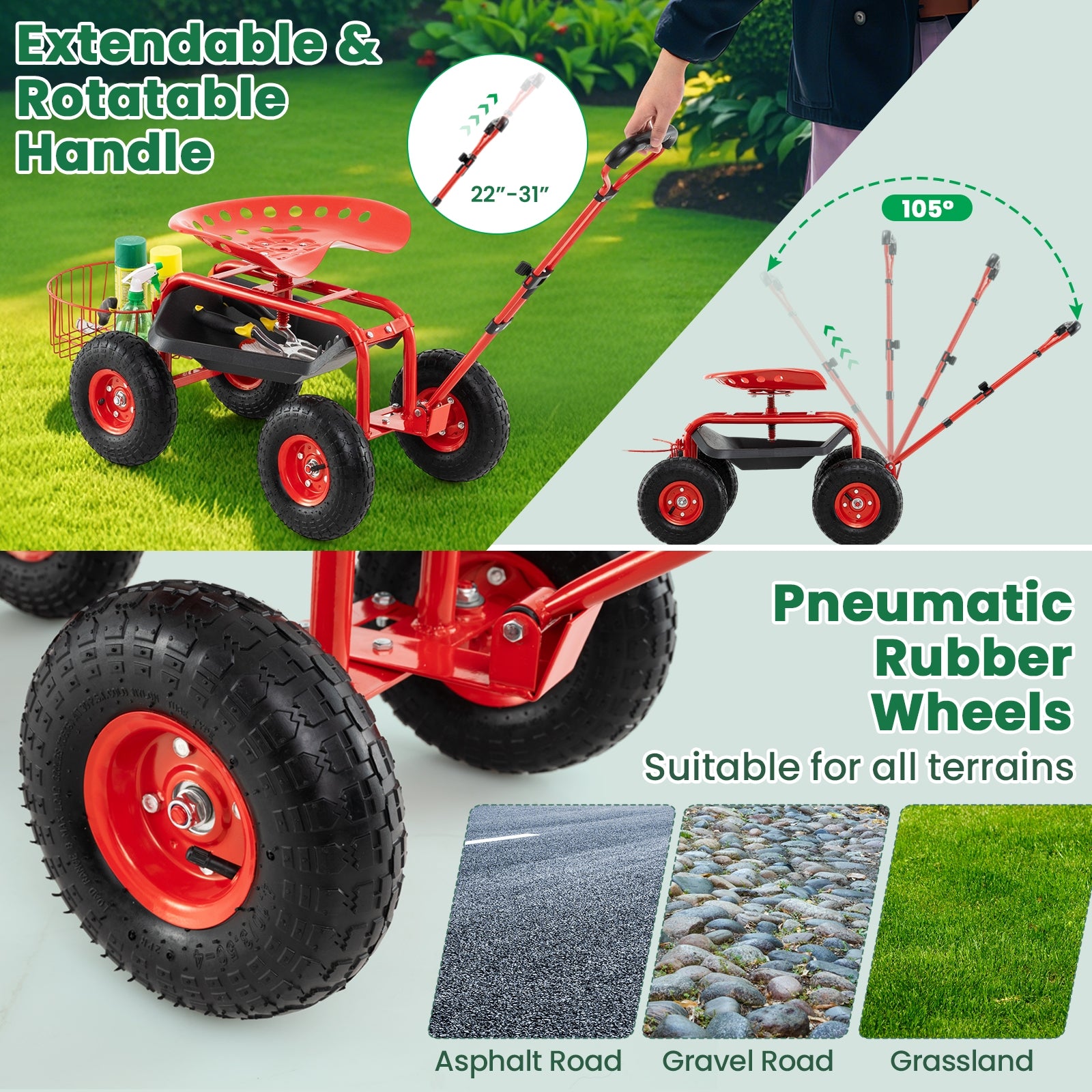 Heavy Duty Garden Cart with Tool Tray and 360 Swivel Seat, Red Garden Carts at Gallery Canada