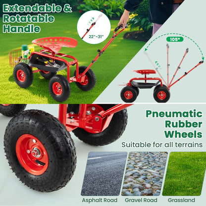 Heavy Duty Garden Cart with Tool Tray and 360 Swivel Seat, Red Garden Carts at Gallery Canada