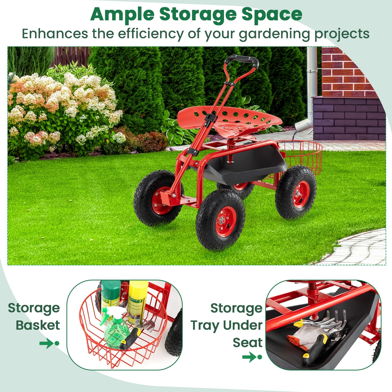Heavy Duty Garden Cart with Tool Tray and 360 Swivel Seat, Red Garden Carts at Gallery Canada