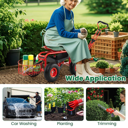 Heavy Duty Garden Cart with Tool Tray and 360 Swivel Seat, Red Garden Carts at Gallery Canada