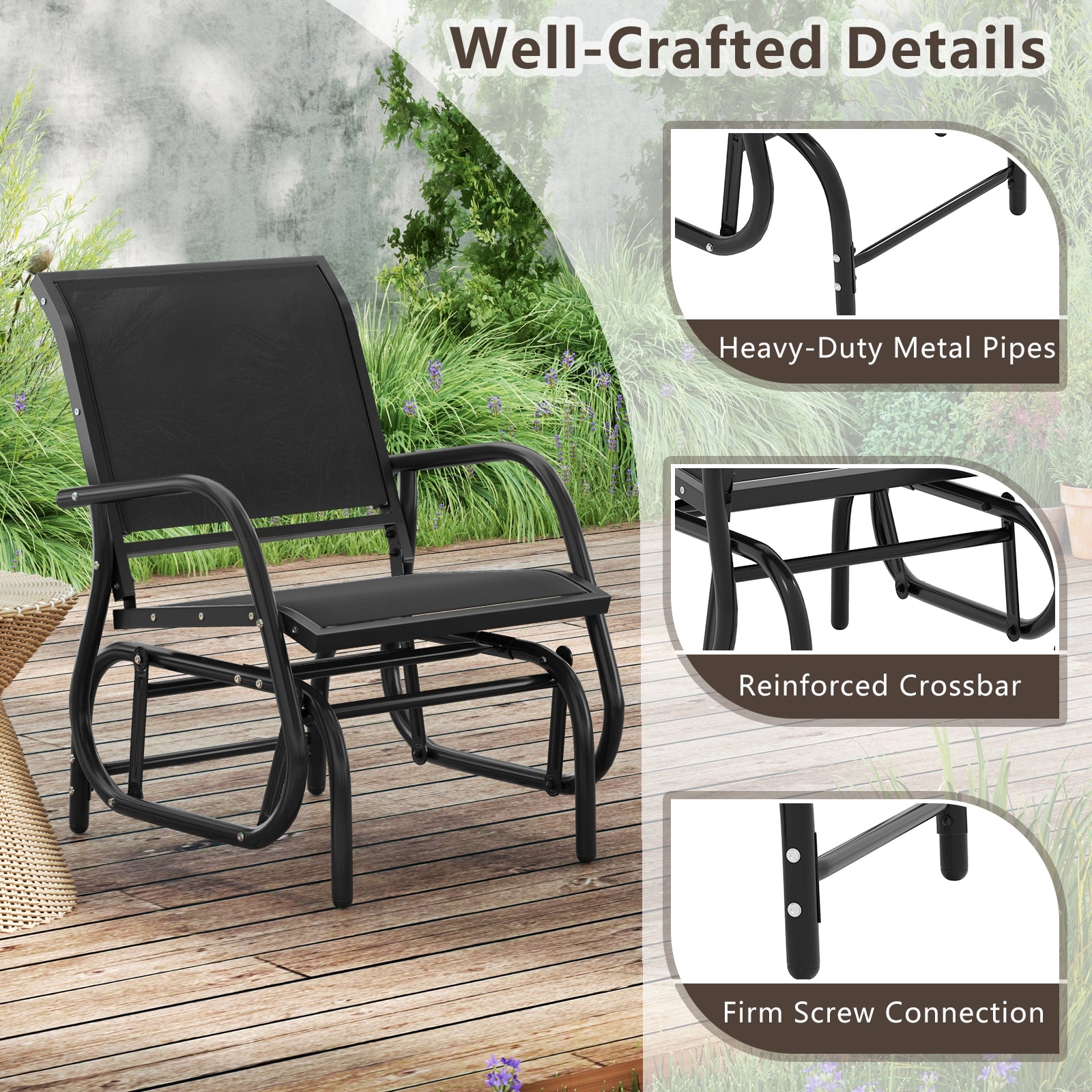 Outdoor Single Swing Glider Rocking Chair with Armrest, Black Patio Rocking Chairs & Gliders at Gallery Canada