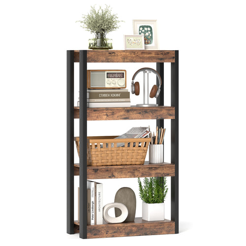 4 Tier Bookshelf Wooden Bookcase with Dual Anti-Tipping Kits, Rustic Brown