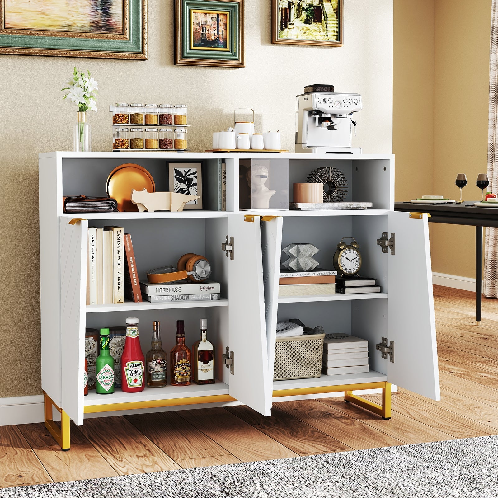 Modern Sideboard Cabinet with 4 Doors and Adjustable Shelves, White Sideboards Cabinets & Buffets at Gallery Canada