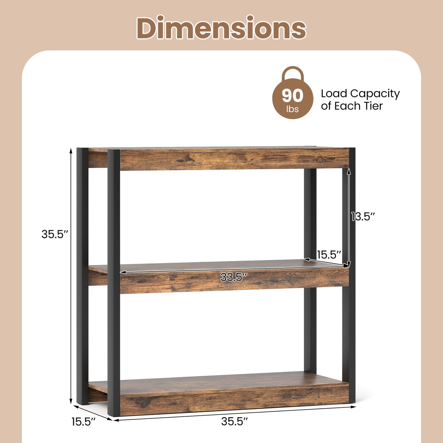 3 Tier Bookshelf Wooden Bookcase with Dual Anti-Tipping Kits, Rustic Brown Bookcases at Gallery Canada
