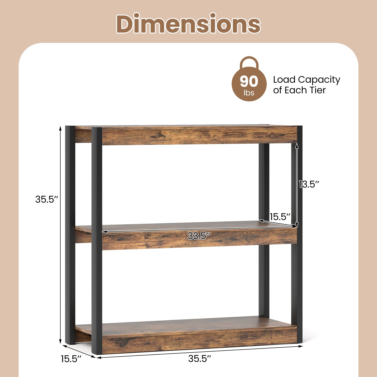 3 Tier Bookshelf Wooden Bookcase with Dual Anti-Tipping Kits, Rustic Brown Bookcases at Gallery Canada