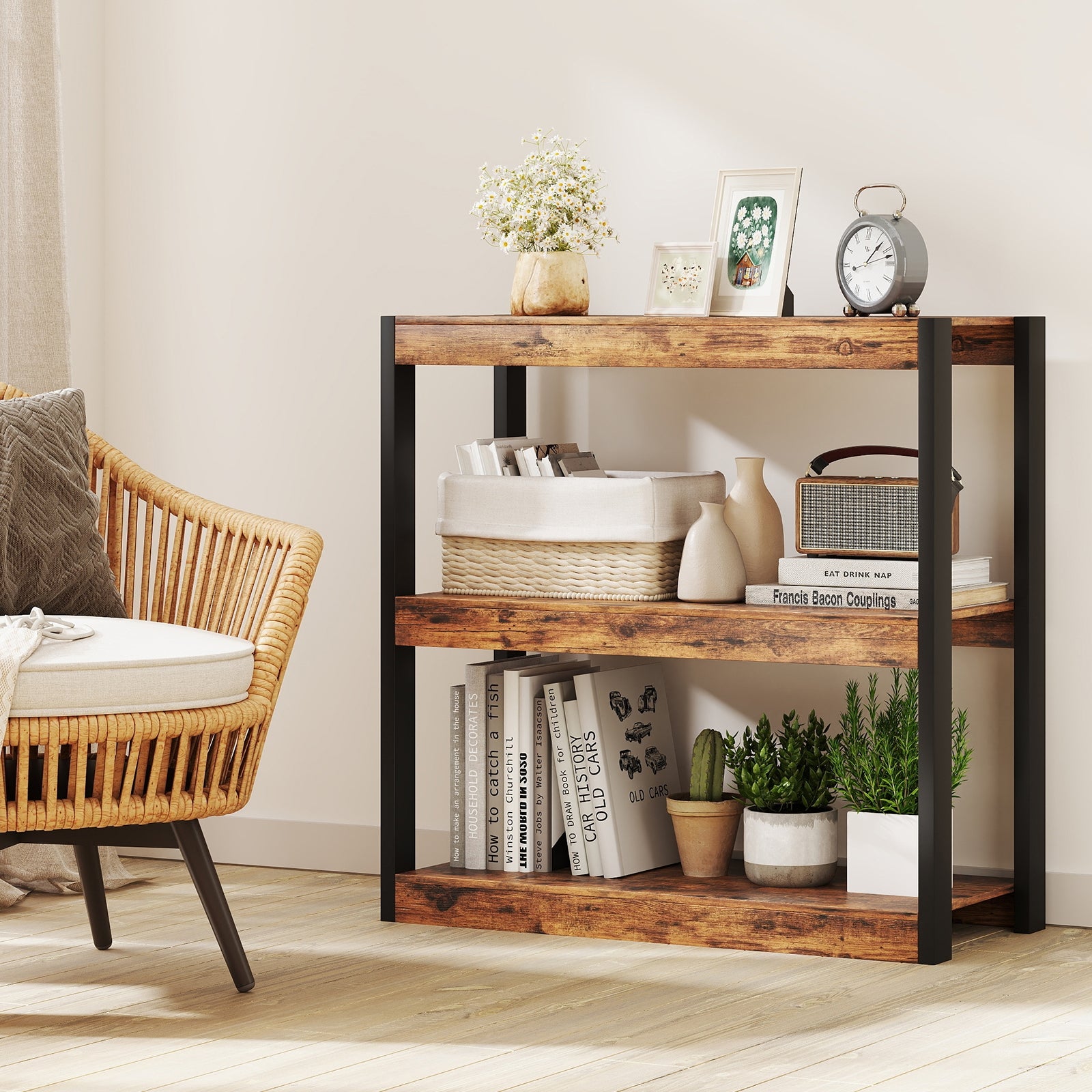 3 Tier Bookshelf Wooden Bookcase with Dual Anti-Tipping Kits, Rustic Brown Bookcases at Gallery Canada