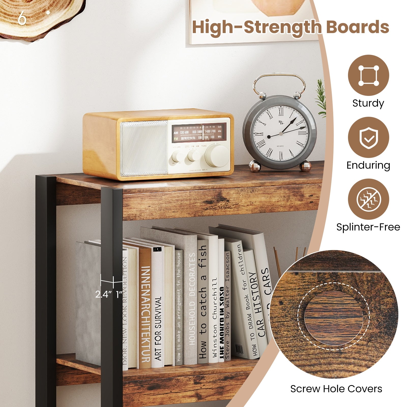 3 Tier Bookshelf Wooden Bookcase with Dual Anti-Tipping Kits, Rustic Brown Bookcases at Gallery Canada