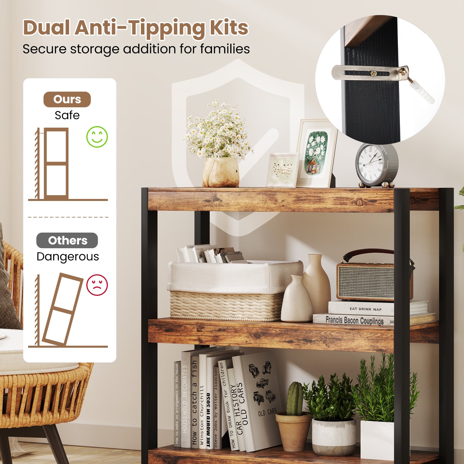 3 Tier Bookshelf Wooden Bookcase with Dual Anti-Tipping Kits, Rustic Brown Bookcases at Gallery Canada