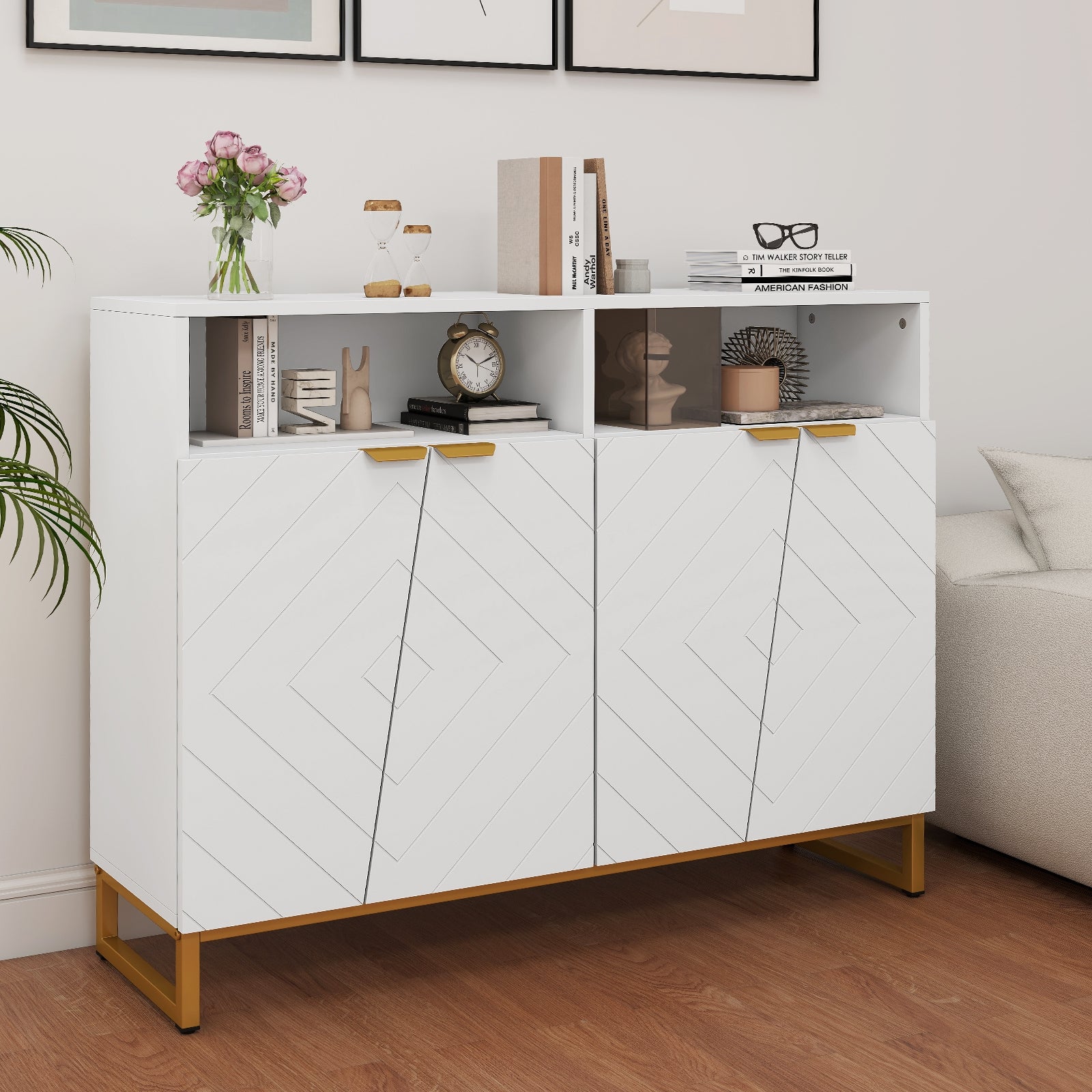 Modern Sideboard Cabinet with 4 Doors and Adjustable Shelves, White Sideboards Cabinets & Buffets at Gallery Canada