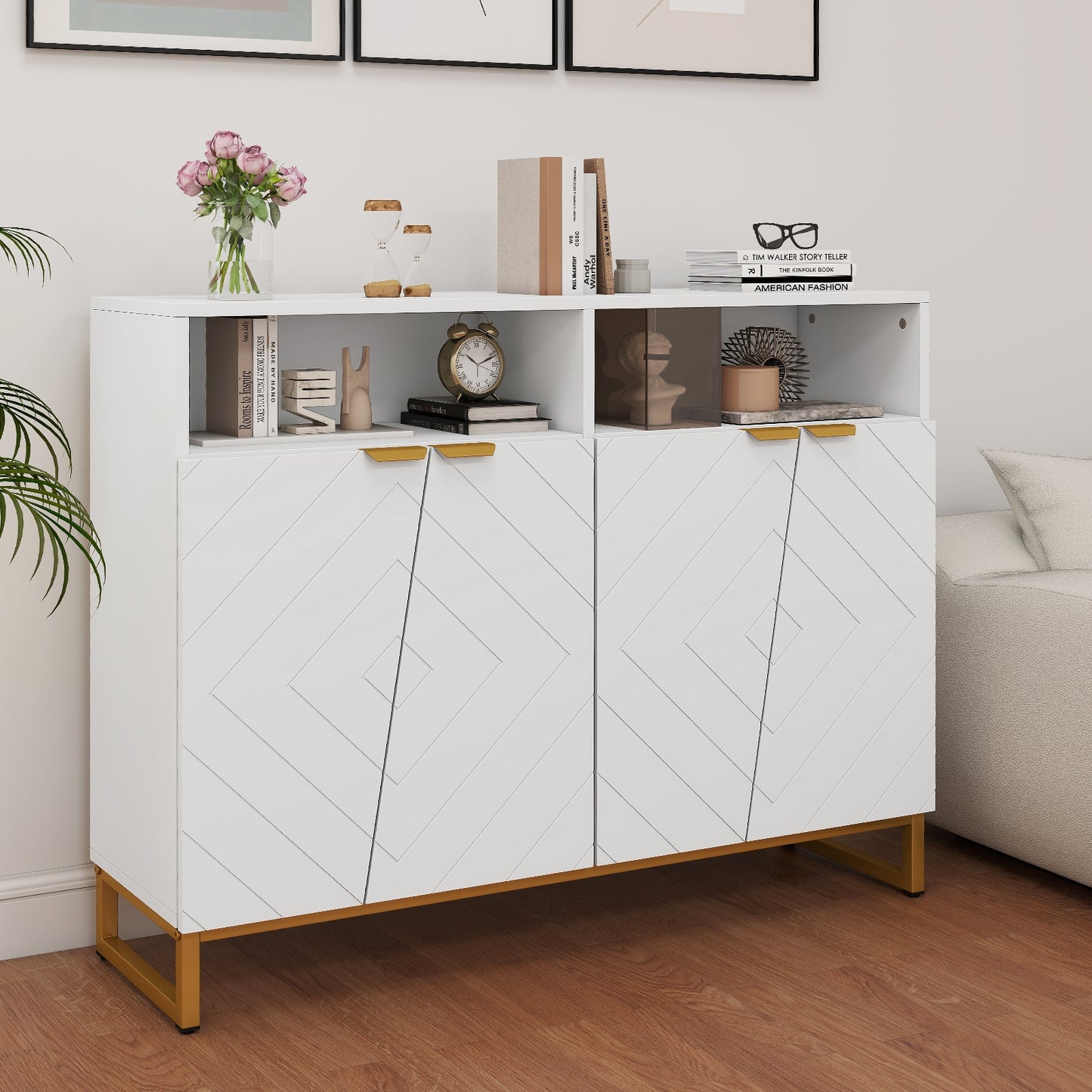 Modern Sideboard Cabinet with 4 Doors and Adjustable Shelves, White Sideboards Cabinets & Buffets at Gallery Canada