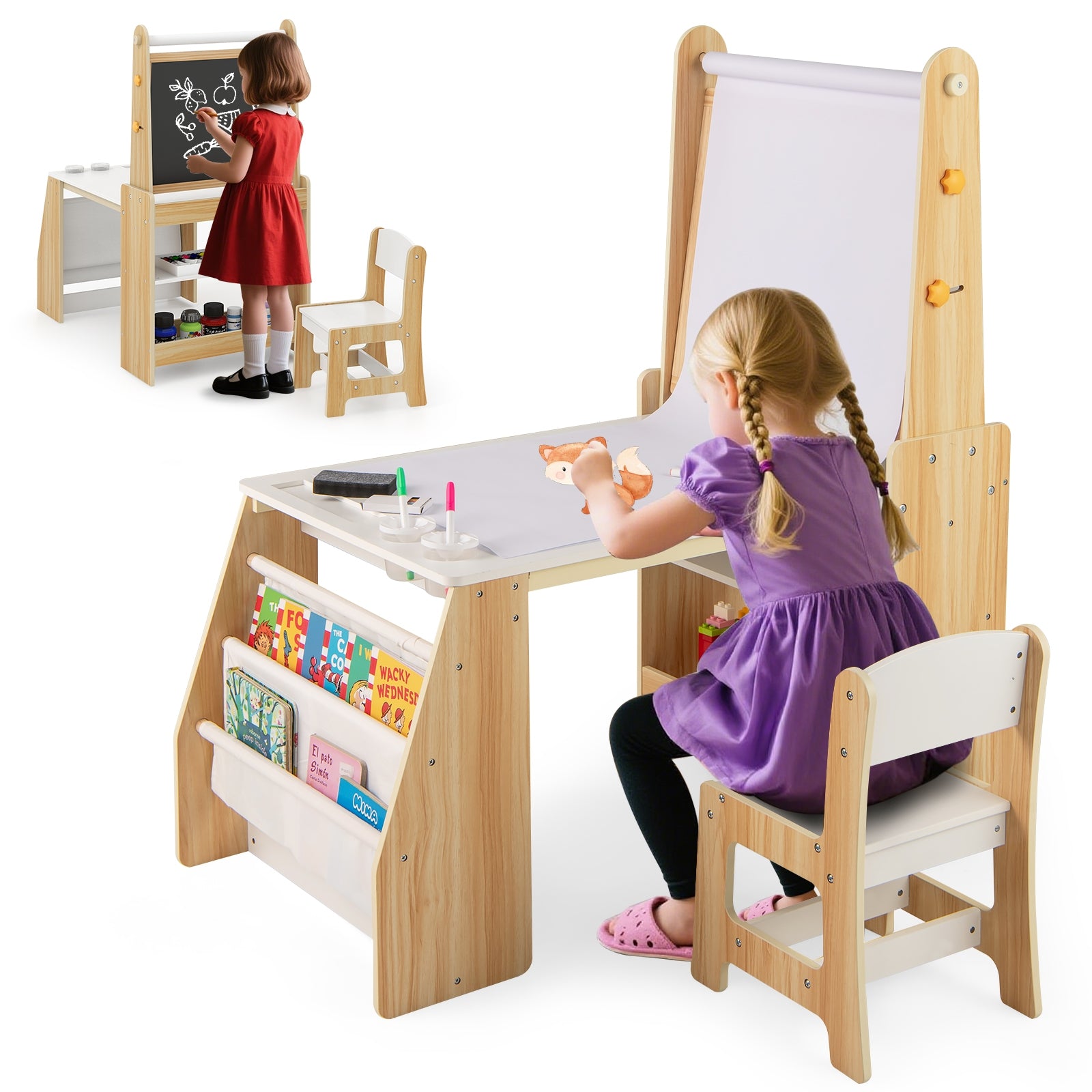 Kids Art Table and Chair Set with Easel and Chair for Drawing Reading, Natural Art Easels at Gallery Canada