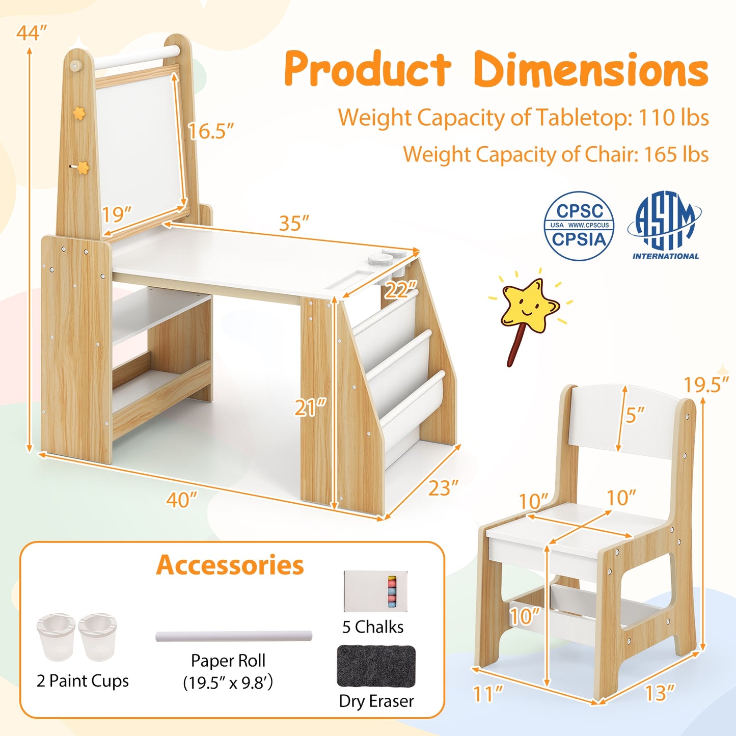 Kids Art Table and Chair Set with Easel and Chair for Drawing Reading, Natural Art Easels at Gallery Canada