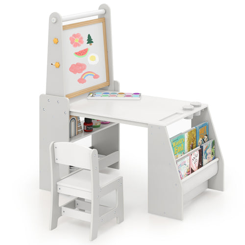 Kids Art Table and Chair Set with Easel and Chair for Drawing Reading-Grey, Gray