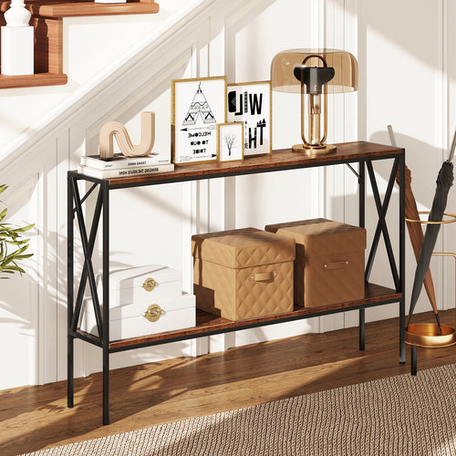 Narrow Console Table 2-Tier Entryway Table with Storage, Rustic Brown