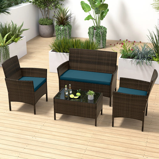 4 Piece Patio Rattan Conversation Set with Cozy Seat Cushions, Peacock Blue Patio Conversation Sets Peacock Blue at Gallery Canada
