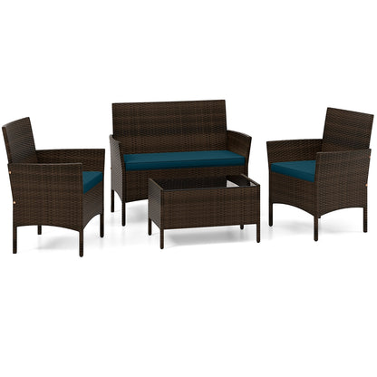 4 Piece Patio Rattan Conversation Set with Cozy Seat Cushions, Peacock Blue Patio Conversation Sets Peacock Blue at Gallery Canada
