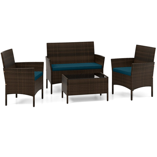 4 Piece Patio Rattan Conversation Set with Cozy Seat Cushions, Peacock Blue Patio Conversation Sets Peacock Blue at Gallery Canada