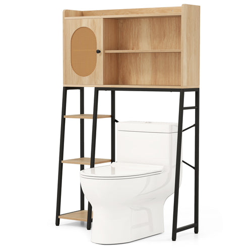 Over The Toilet Storage Cabinet with PE Rattan Door and Open Storage Shelves, Natural