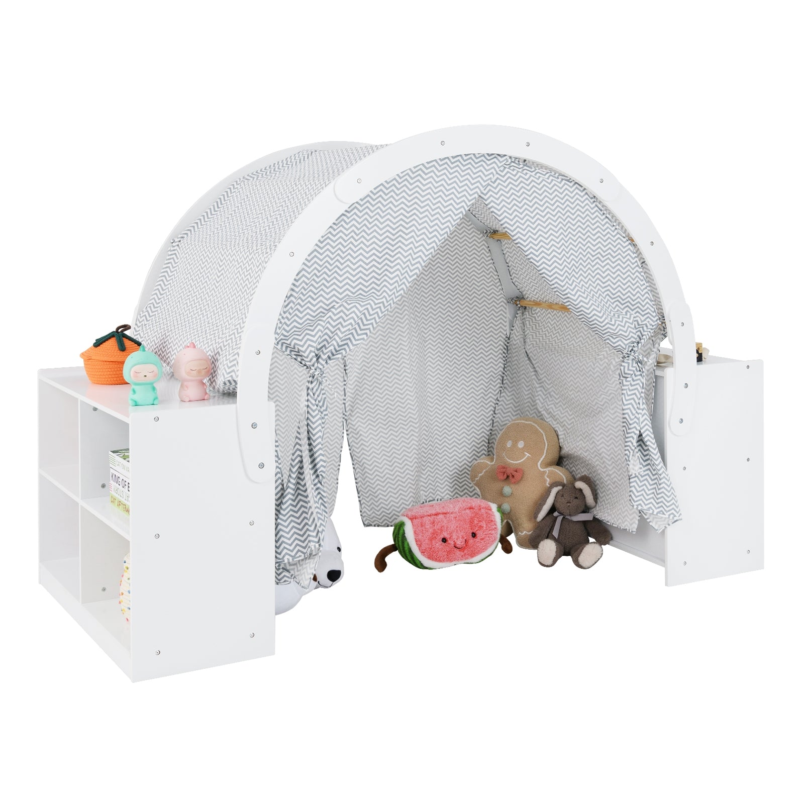 Wooden Kids Play Tent with Curtain Shades and 8 Cubbies, White Play Tents & Playhouse at Gallery Canada