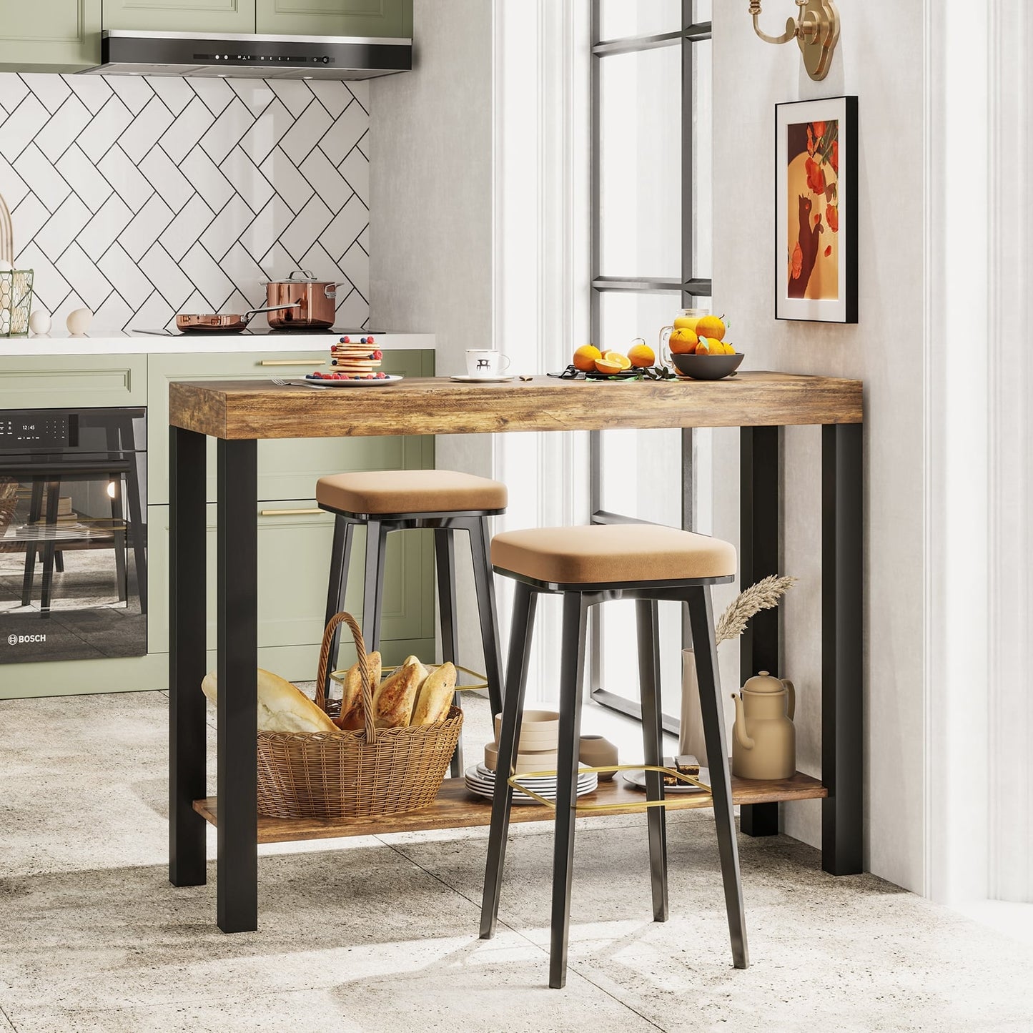 Table de bar à 2 niveaux avec étagères ouvertes, Brun Rustique