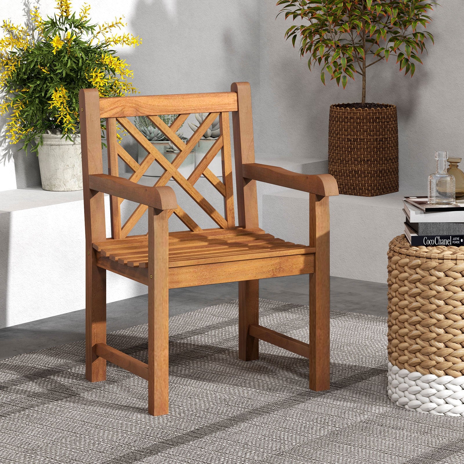 Teak Wood Patio Dining Chair, Slatted Seat Cross-Rhombus Backrest, Natural Patio Dining Chairs at Gallery Canada