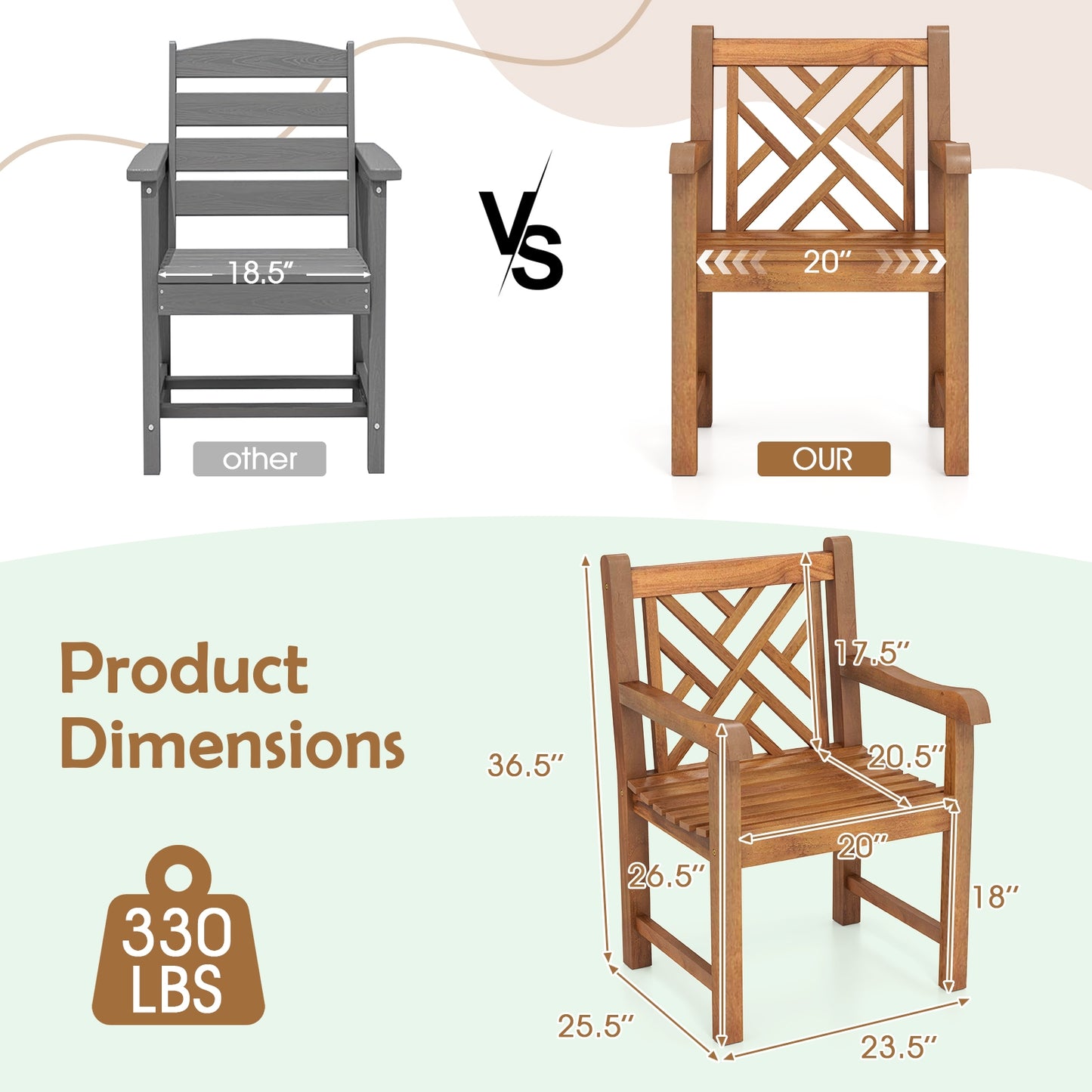 Teak Wood Patio Dining Chair, Slatted Seat Cross-Rhombus Backrest, Natural Patio Dining Chairs at Gallery Canada