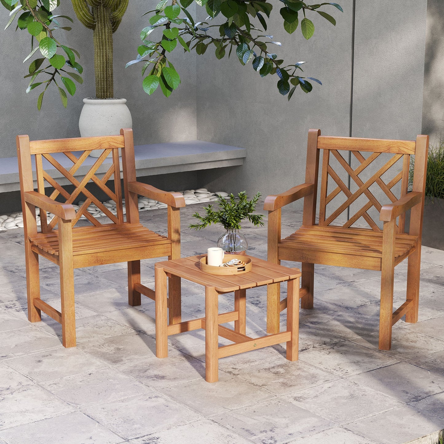 Teak Wood Patio Dining Chair, Slatted Seat Cross-Rhombus Backrest, Natural Patio Dining Chairs at Gallery Canada