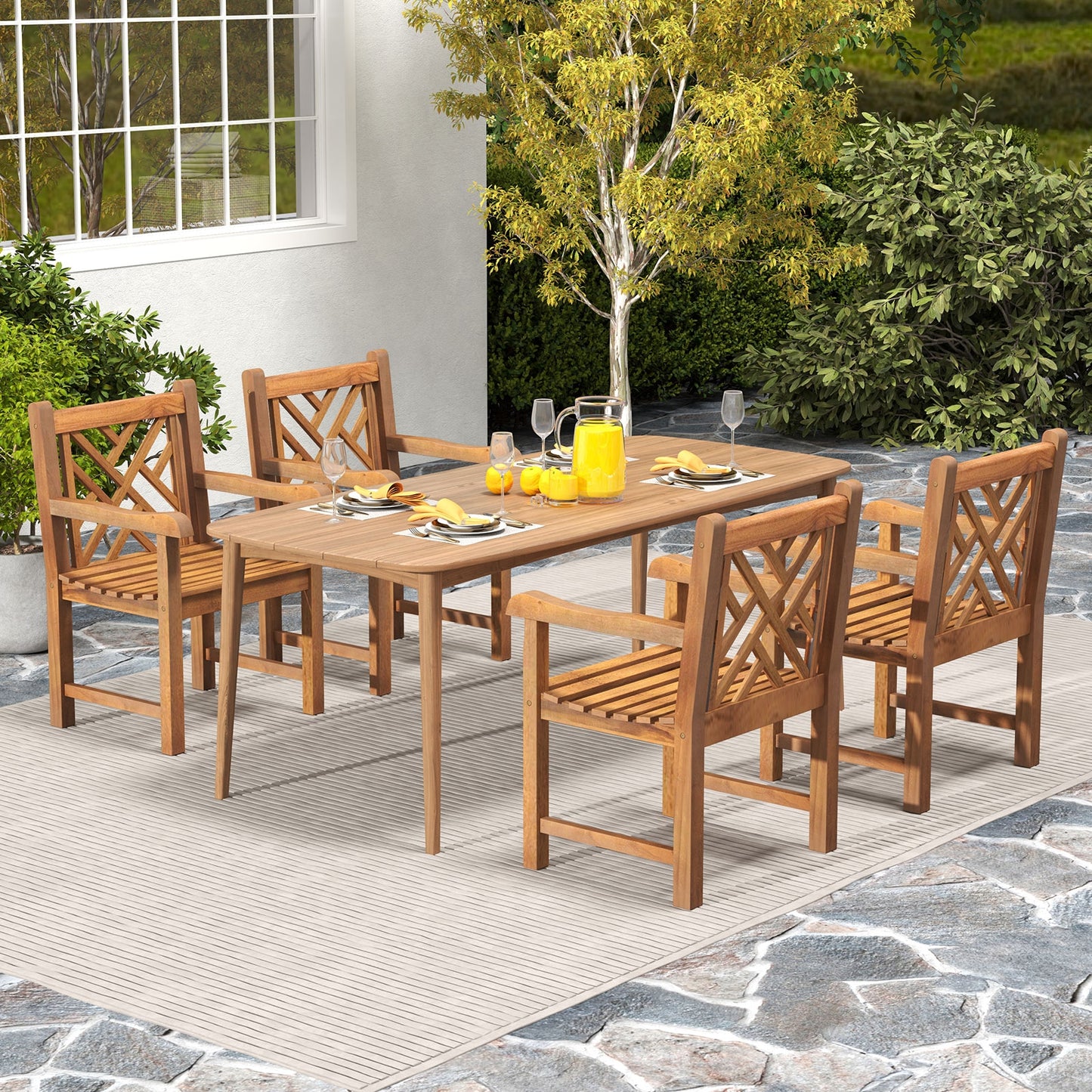 Teak Wood Patio Dining Chair, Slatted Seat Cross-Rhombus Backrest, Natural Patio Dining Chairs at Gallery Canada