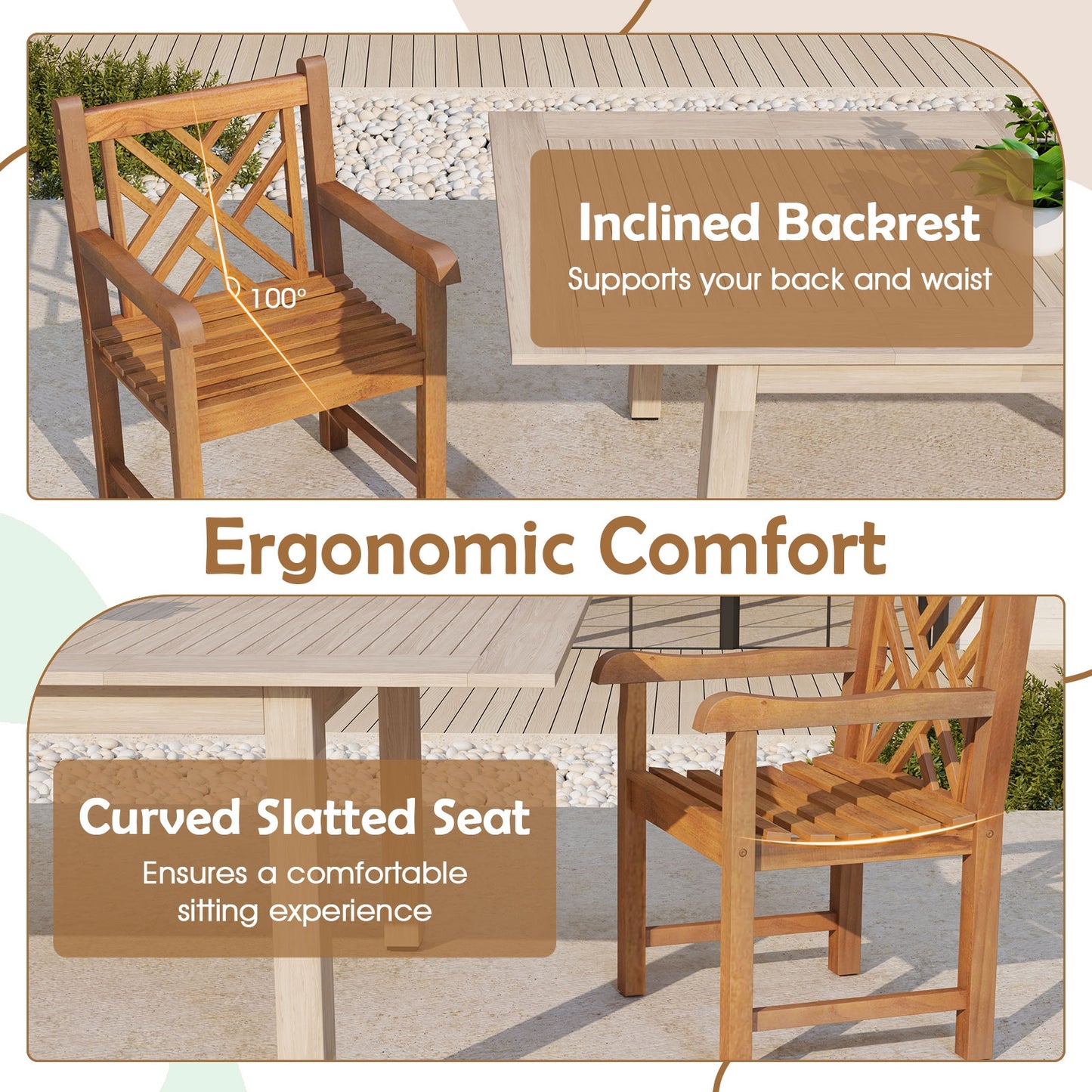 Teak Wood Patio Dining Chair, Slatted Seat Cross-Rhombus Backrest, Natural Patio Dining Chairs at Gallery Canada