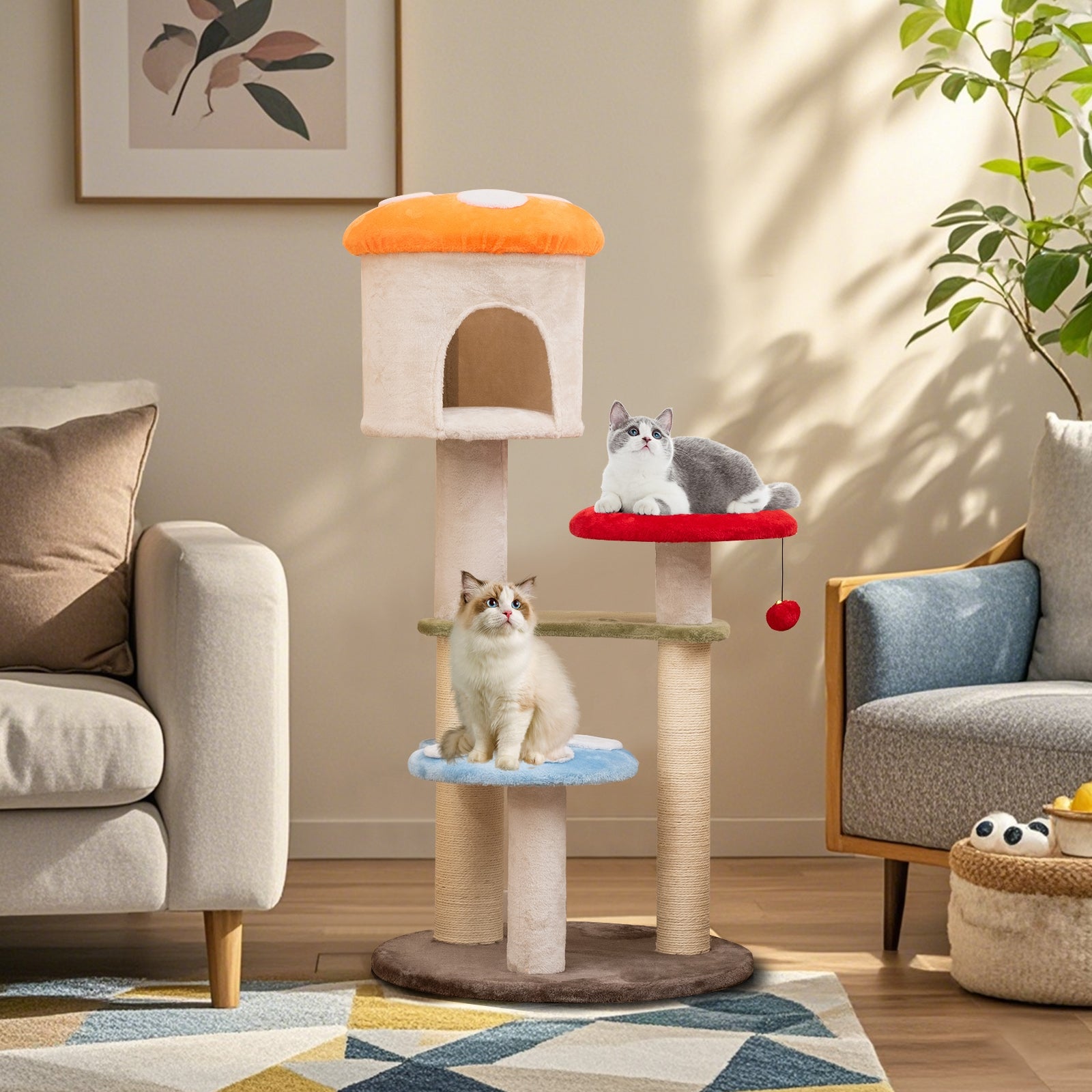 Cute Mushroom Cat Tree with Sisal Scratching Posts Top Condo and Padded Platforms, Multicolor Cat Trees Condos & Scratchers at Gallery Canada