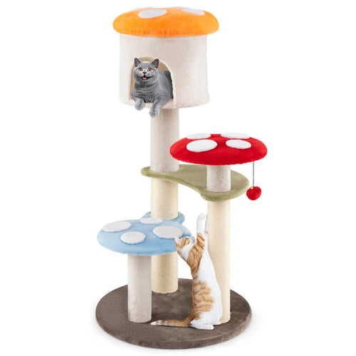 Cute Mushroom Cat Tree with Sisal Scratching Posts Top Condo and Padded Platforms, Multicolor