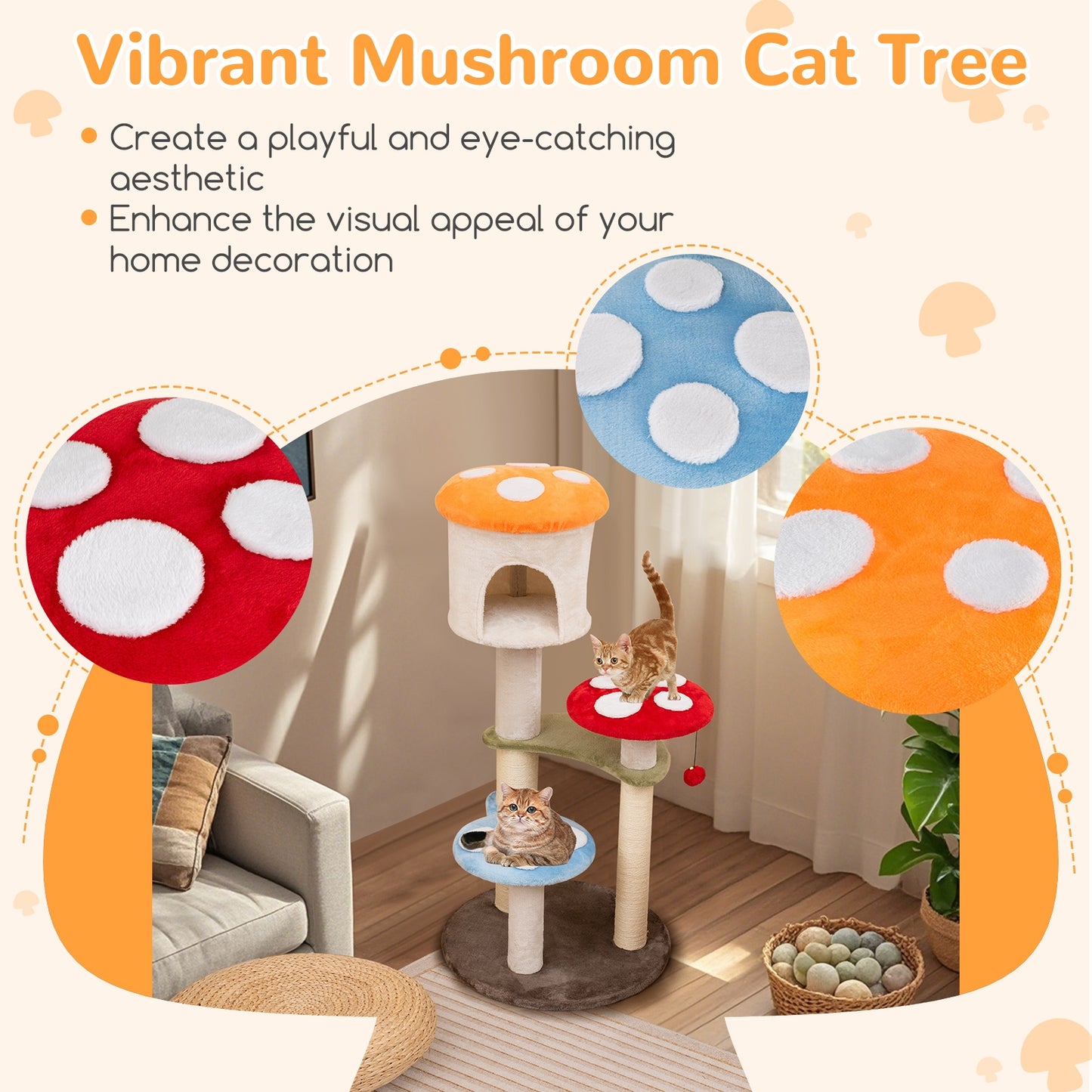 Cute Mushroom Cat Tree with Sisal Scratching Posts Top Condo and Padded Platforms, Multicolor Cat Trees Condos & Scratchers at Gallery Canada