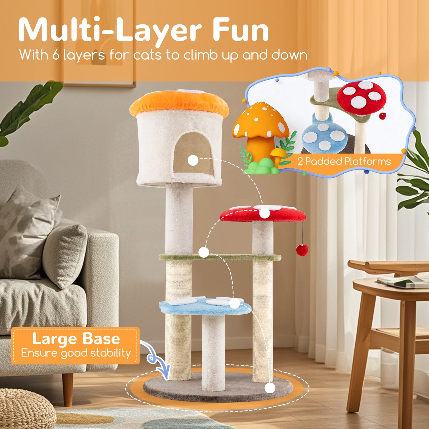 Cute Mushroom Cat Tree with Sisal Scratching Posts Top Condo and Padded Platforms, Multicolor Cat Trees Condos & Scratchers at Gallery Canada