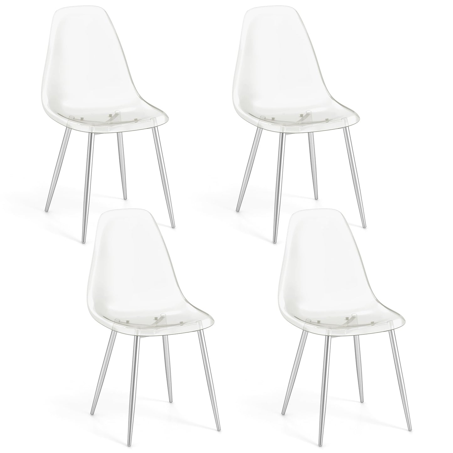 Ensemble de 4 chaises de salle à manger, chaise latérale à coque en plastique, siège transparent, pieds en bois, argenté