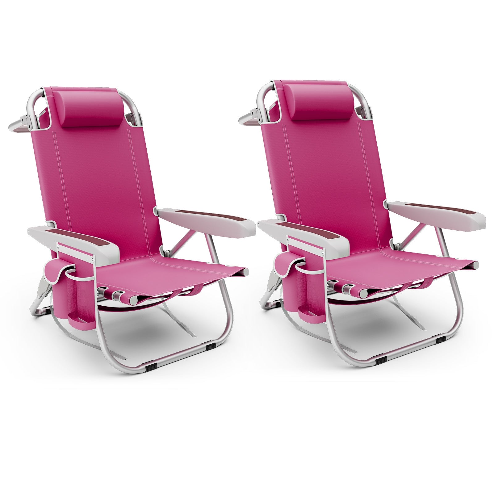 Foldable Backpack Beach Chair with Cup Holder and Storage Pockets Set of 2, Pink Beach & Lawn Chairs at Gallery Canada