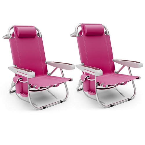 Foldable Backpack Beach Chair with Cup Holder and Storage Pockets Set of 2, Pink
