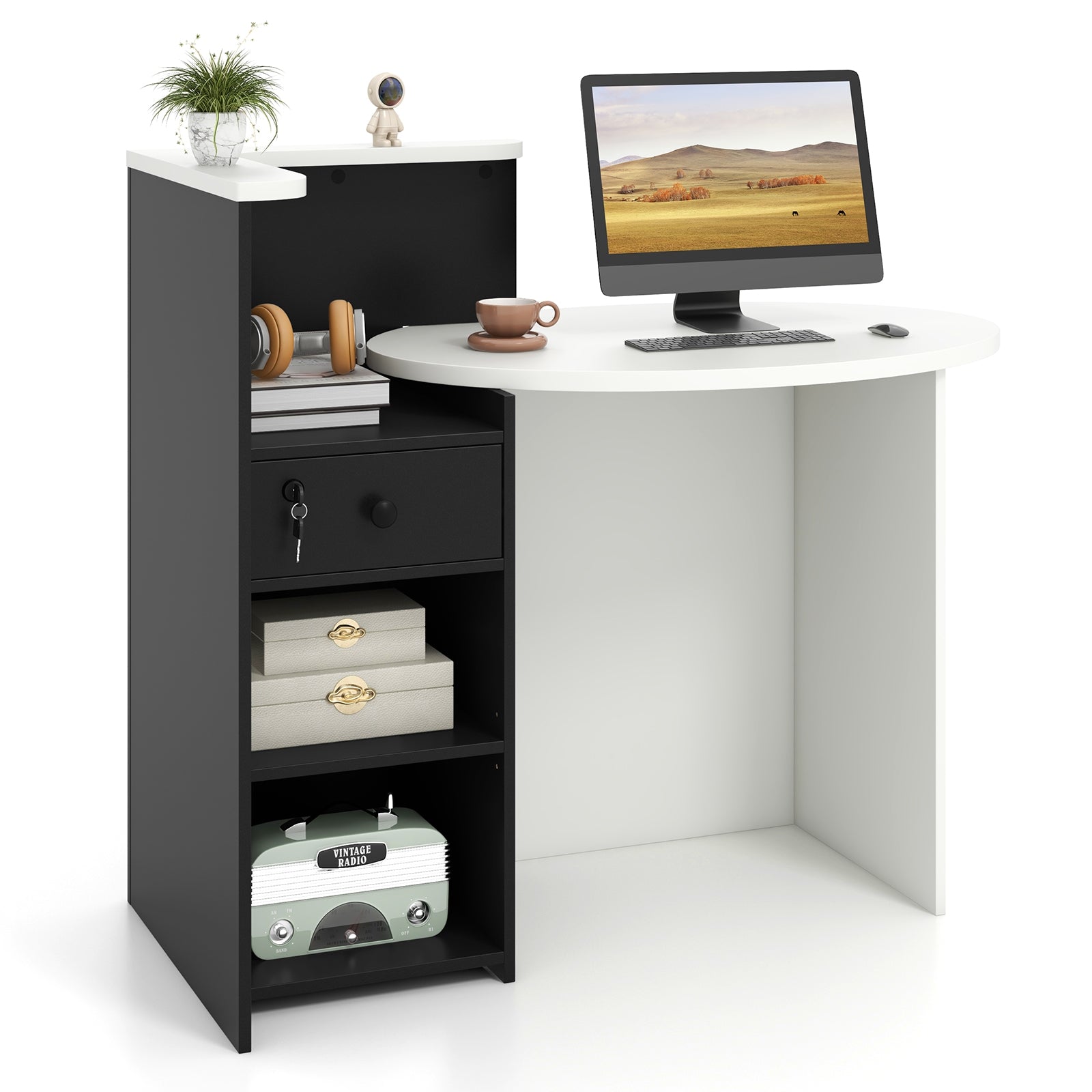 Reception Office Desk with Open Shelf and Lockable Drawer, Black Corner Desks Black at Gallery Canada