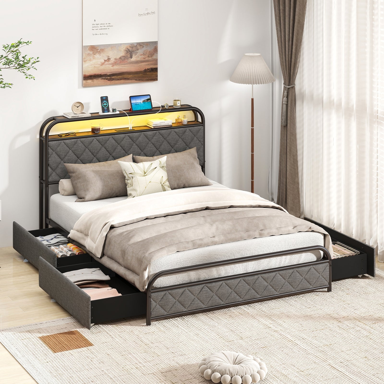 Twin/Full/Queen Size Bed Frame with LED Lights and Charging Station-Full Size, Black Trundle Bed Frame at Gallery Canada
