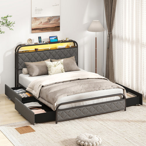 Twin/Full/Queen Size Bed Frame with LED Lights and Charging Station-Full Size, Black